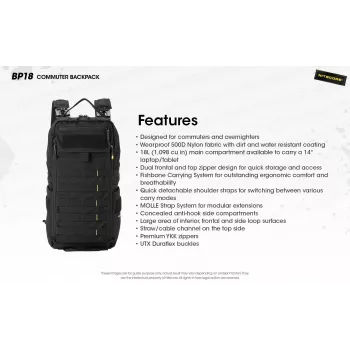 Reisiseljakott Nitecore BP18 — must nailon/polüester, 240×160×470 mm
