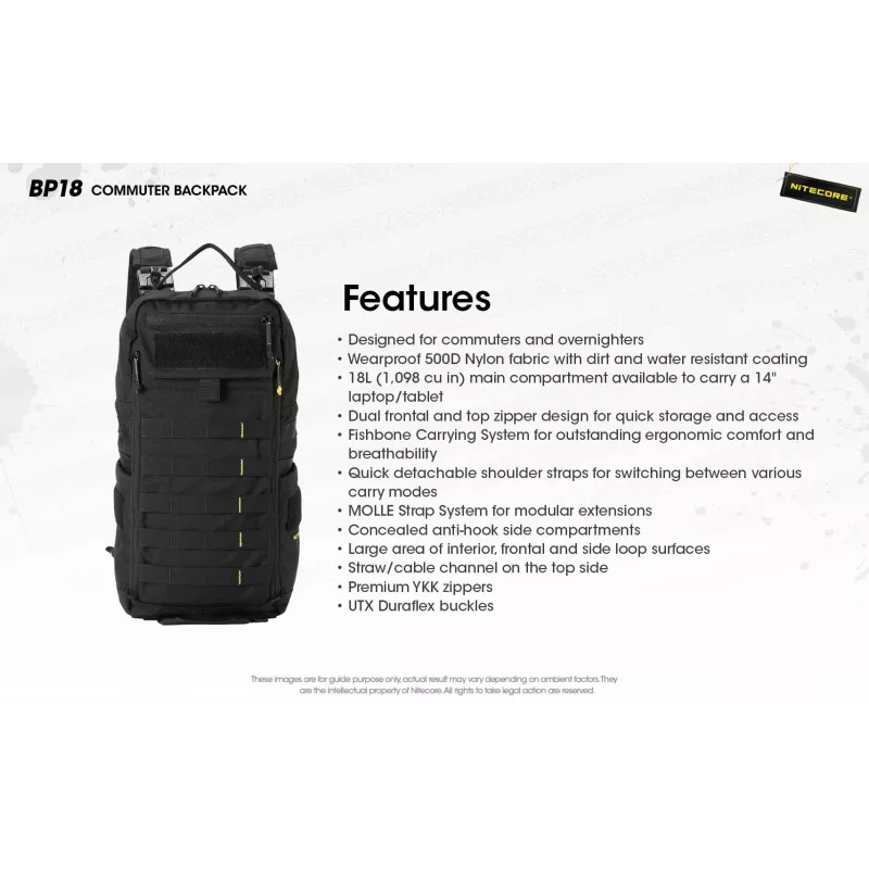 Reisiseljakott Nitecore BP18 — must nailon/polüester, 240×160×470 mm