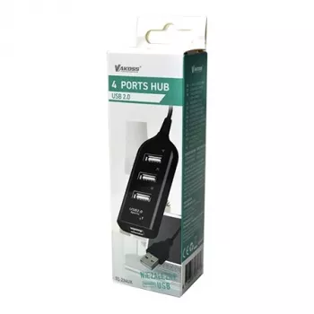 VAKOSS USB-jaotur TC-234UX — 4-pordiline USB 2.0 jaotur, alalisvoolutoide (5 V, 1 A), must