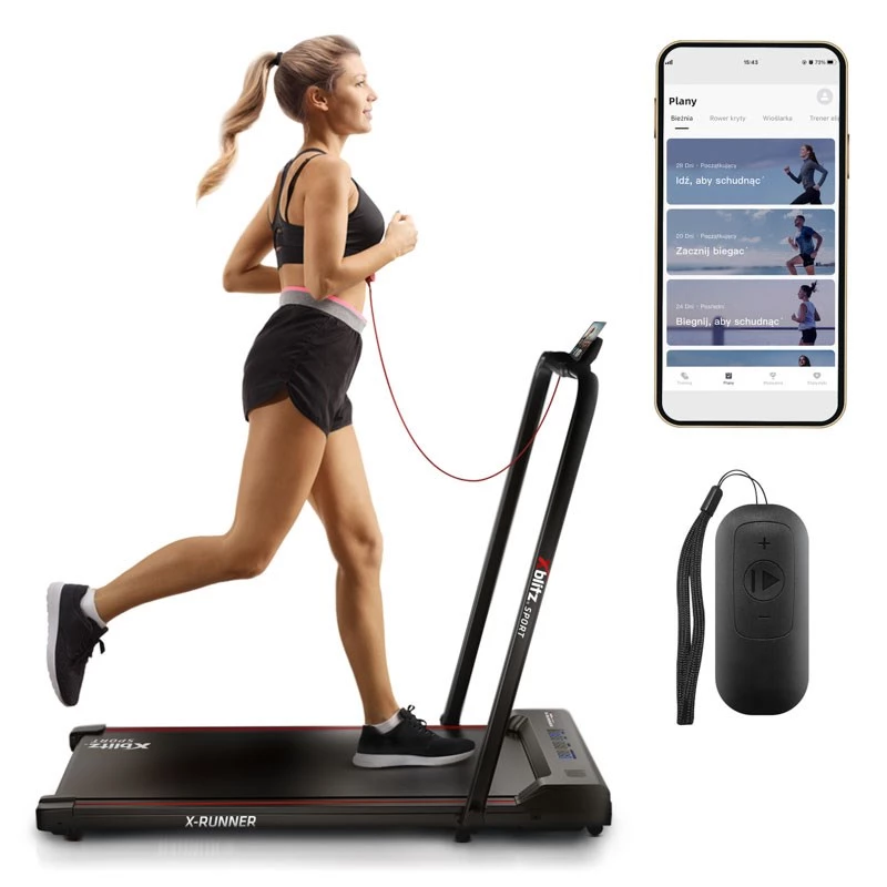 Motoriseeritud jooksulint Xblitz X-RUNNER — kokkupandav, kompaktne, max kiirus 12 km/h, max kasutaja kaal 120 kg, must