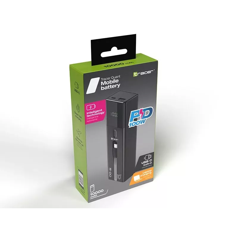 Kaasaskantav akupank TRACER Quant 10000 mAh Li-Ion, PD ja QC3.0, 3 porti (2×USB-C, 1×USB-A), 100W, must