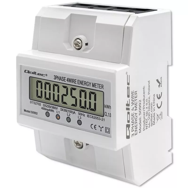 Kolmefaasiline elektrooniline arvesti QOLTEC 50992 400V 100A