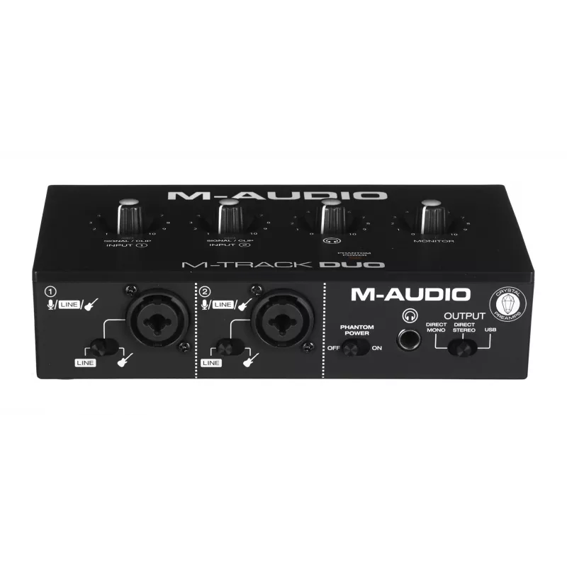 M-Audio M-Track Duo heliliides — USB 2 sisse/2 välja, 16-bit/48 kHz, 1x XLR/TS kombosisend, 1x instrumendisisend, fantoom 48V