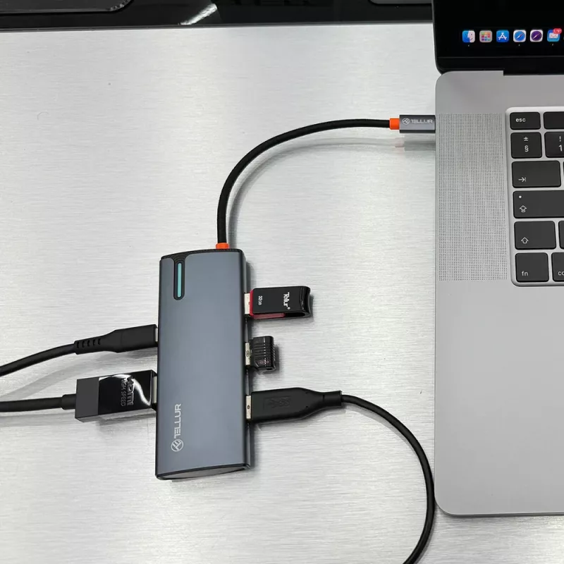 USB-C hubi Tellur TLL321061 koos PD 3.0 100W, HDMI väljundi ja 3× USB 3.0 pordiga