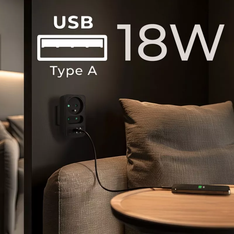 Toitejaotur MACLEAN MCE249 F/B — 2 vahelduvvoolupesa (16A + 6A) koos 2×USB-A ja 2×USB-C PD 20W, EL-pistik, must