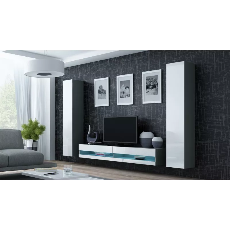 TV-alus Cama Meble VIGO NEW 30/140/40 — 1400×400×300 mm, hall pealispind, puitlaastplaat, hall raam, valged läikivad esipaneelid
