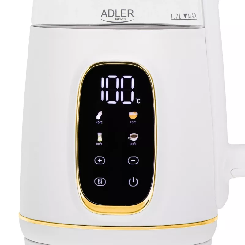 Elektriline veekeetja Adler AD 1305WG — 1,7 l, 2200 W, klaas/plast, valge/kuldne/läbipaistev
