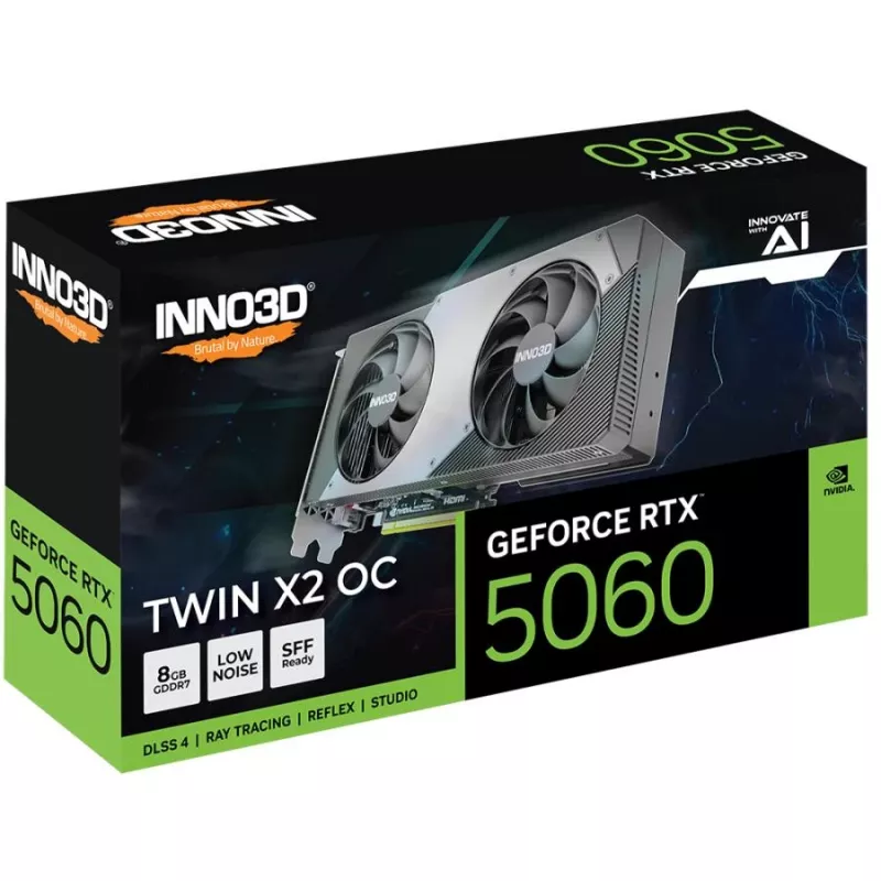 Inno3D GeForce RTX 5060 8GB GDDR7 PCIe 5.0 videokaart, 2527 MHz boost, 128-bit, 2 pesa, 3x DP 2.1b + 1x HDMI 2.1b