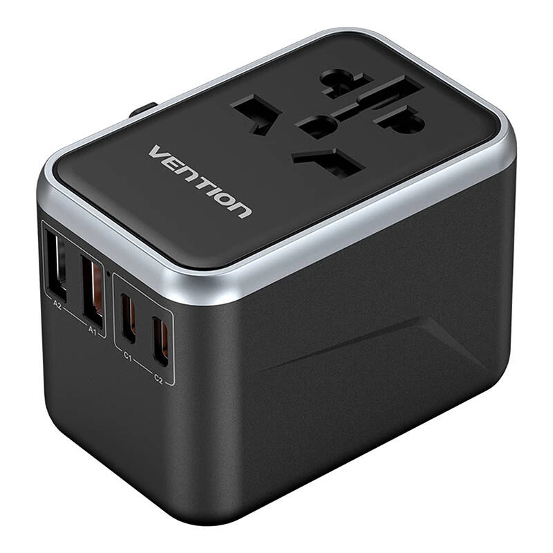 Vention reisiadapter FJFB0 65W — 2× USB-C PD/PPS, 2× USB-A (QC/BC), HDMI väljund, alumiinium/must