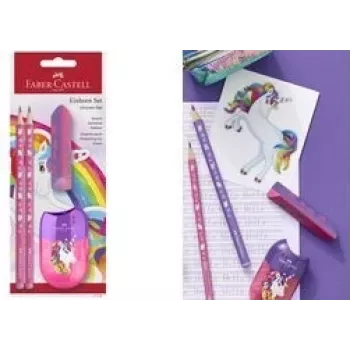 Kirjutuskomplekt Faber-Castell Ükssarvik Roosa — mudel 111518, erinevad pliiatsid ja tarvikud