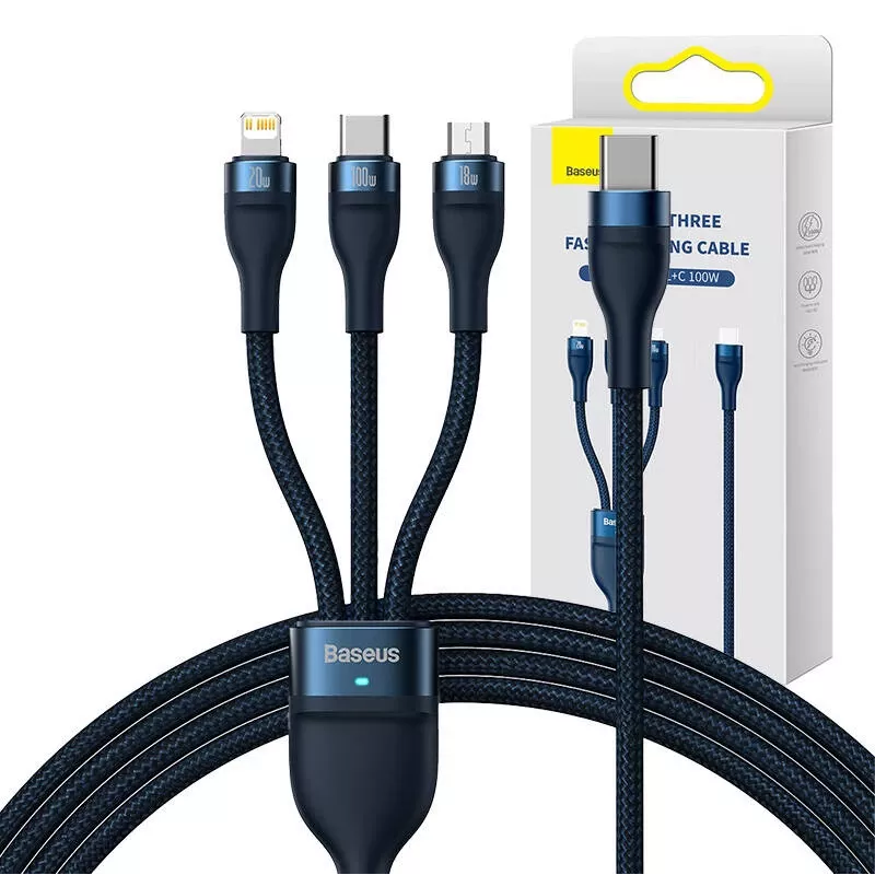 3in1 USB-kaabel Baseus Flash Series 2, USB-C + mikro-USB + Lightning, 100W, 1,5m (sinine)