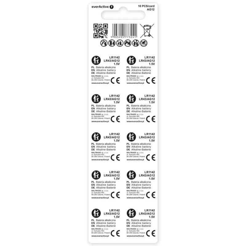 leelisnööpelement everActive G12 AG12 1,5 V — komplektis 10 tk