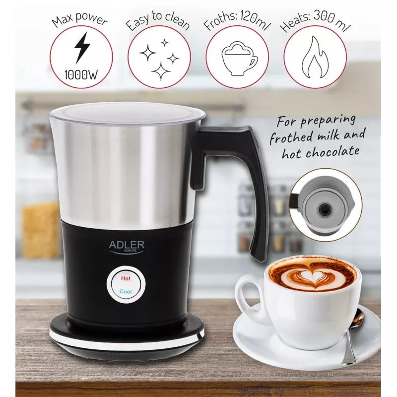 Automaatne piimavahustaja Adler AD 4497 — roostevaba teras, 600W, vaht 120 ml / soe 300 ml, kuum ja külm
