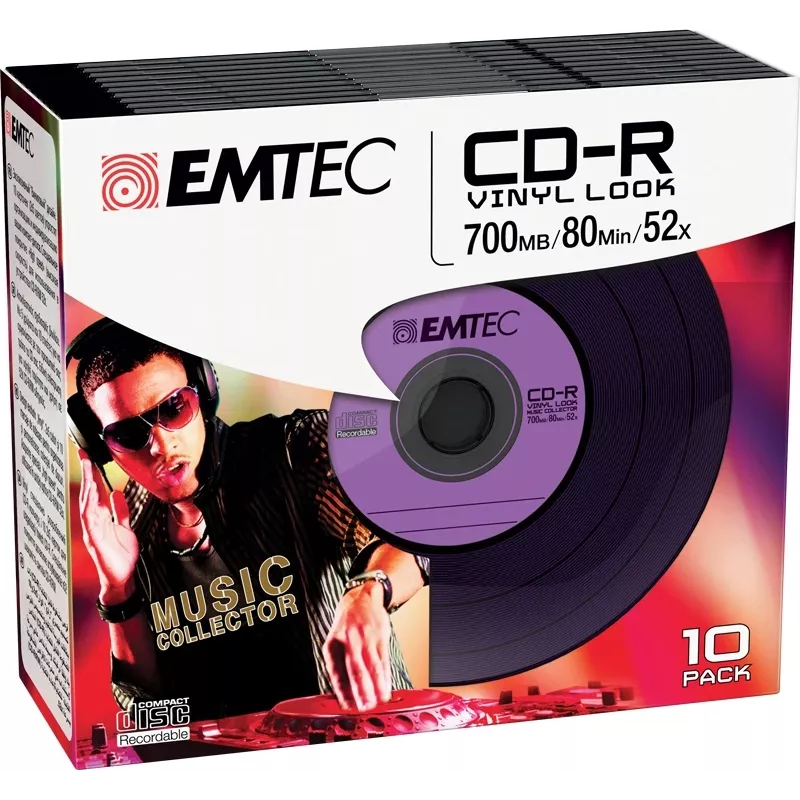 EMTEC Vinyl Look - 10 x CD-R - 700 MB (80 Min) 52x - sinine, kollane, lilla, roheline, roosa - Slim Jewel Case