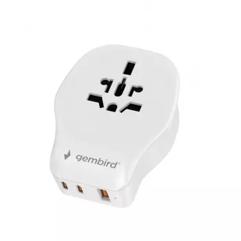 Seinareisiadapter GEMBIRD TPA-1A2C20-02-W 20W — 1×USB-A + 2×USB-C, Type G pistik, 100–250V, valge