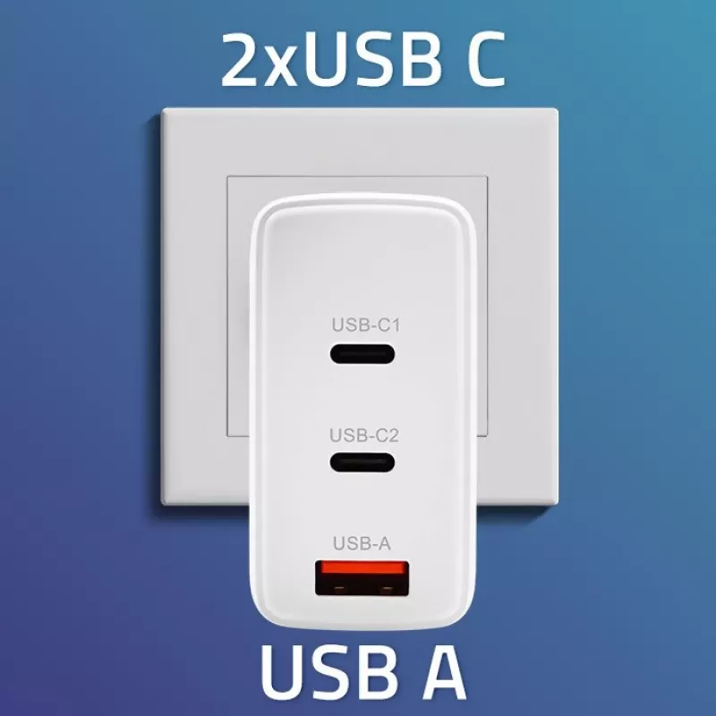 Laadija QOLTEC 100W GaN USB-C Dual PD 5–20V 1.5–5A, 2×USB-C