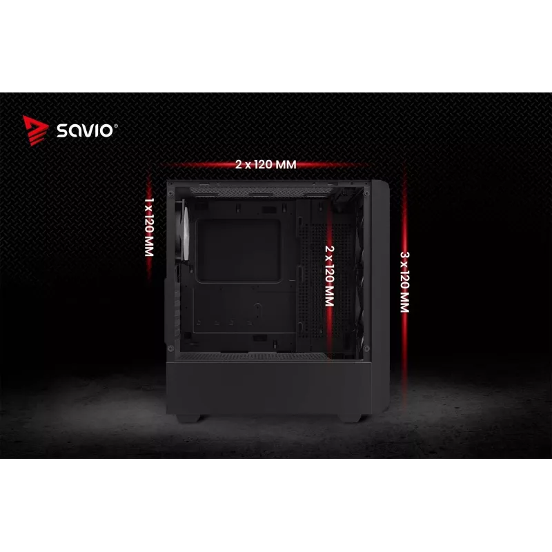 PC kuubikujuline korpus SAVIO Noctis Glass RGB — must, ATX/Micro-ATX, 210×410×450 mm, 3×120 mm esiventilaatorid