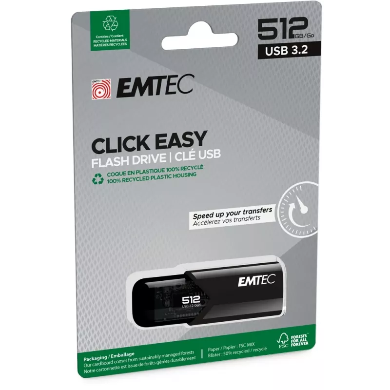 Emtec B110 Click Easy 3.2 USB-mälupulk 512 GB USB Type-A 3.2 Gen 2 (3.1 Gen 2) Must (ECMMD512GB113)