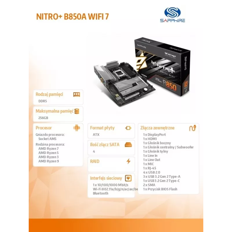 Emaplaat Sapphire NITRO+ B850A WIFI 7 AMD B850 Sokkel AM5 micro ATX, DDR5, 4 DIMM, 256GB, Wi‑Fi 7, 2.5GbE