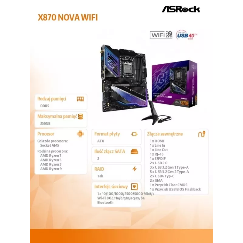 Emaplaat ASRock X870 NOVA WIFI — AMD X870, Socket AM5, ATX, 4× DIMM DDR5, 256GB, Wi‑Fi 6E, 2.5GbE