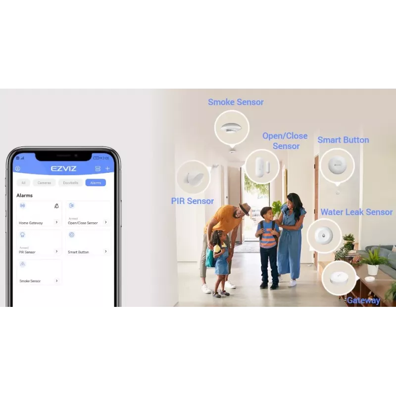 Suitsuandur EZVIZ CS-T4C — juhtmevaba ZigBee, 3V liitiumaku, 87×35×87 mm, 85 dB, pinnale paigaldatav, valge