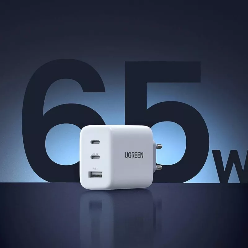 Seinalaadija UGREEN CD275 2× USB USB-C 65W valge — kahe USB-C 65W kiirlaadimine, 100–240 V sisend