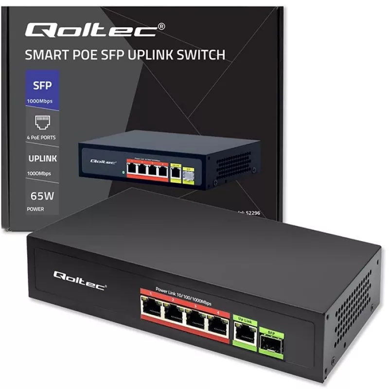 Ethernet PoE-lüliti QOLTEC 52296 — 4x RJ45 PoE-porti, 1x RJ45 üleslink