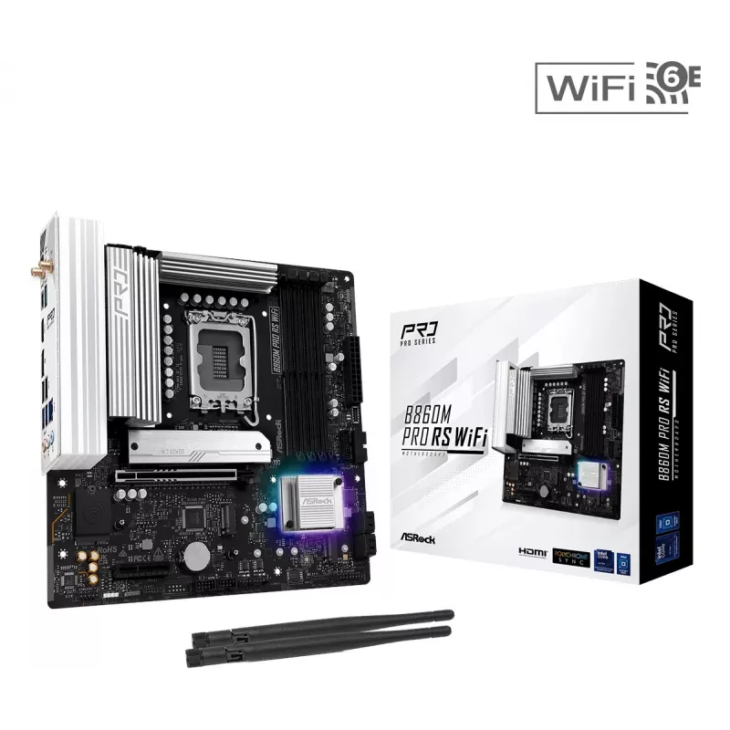 Emaplaat ASRock B860M Pro RS WiFi — Intel B860, LGA 1851, micro ATX, DDR5, 4 DIMM, 3x M.2, 2.5Gb LAN, Wi‑Fi, Bluetooth