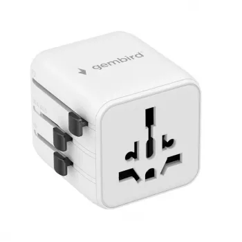 Universaalne reisiadapter GEMBIRD TPA-INT-01-W — sisend 100–250 V, G-tüüpi pistik, kompaktsed mõõtmed 84×56×85 mm