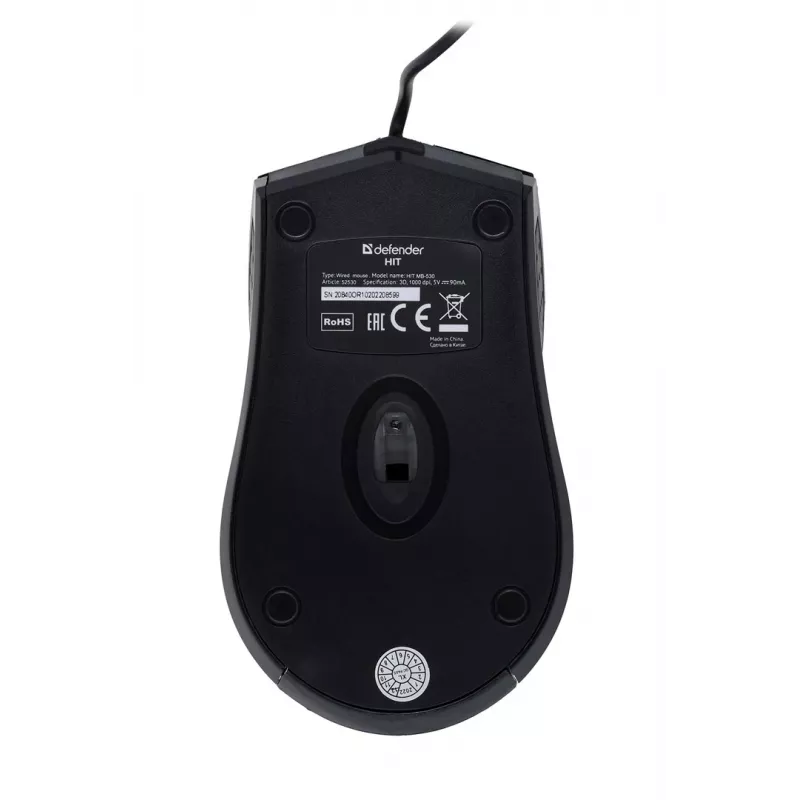 Optiline mõlemakäeline hiir DEFENDER HIT MB-530 — 1000 DPI, USB Type-A, must, 1,5 m juhe