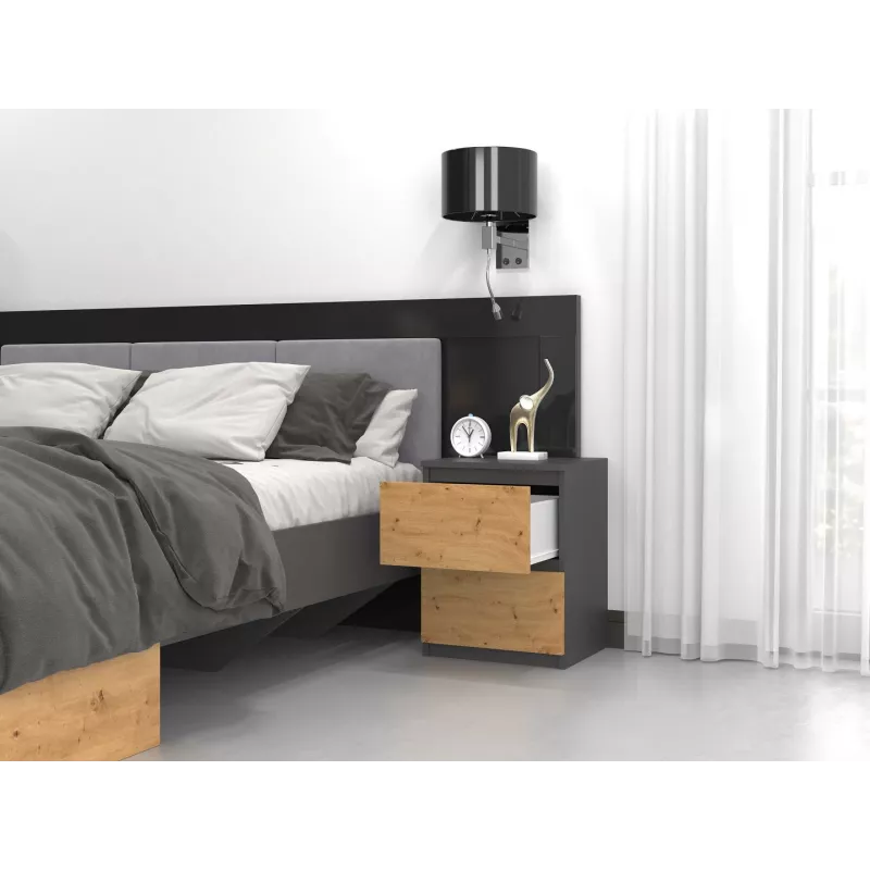 Topeshop W2 ANTRACYT/ARTISAN nightstand/Öökapp 2 sahtel(s) antratsiit, tamm