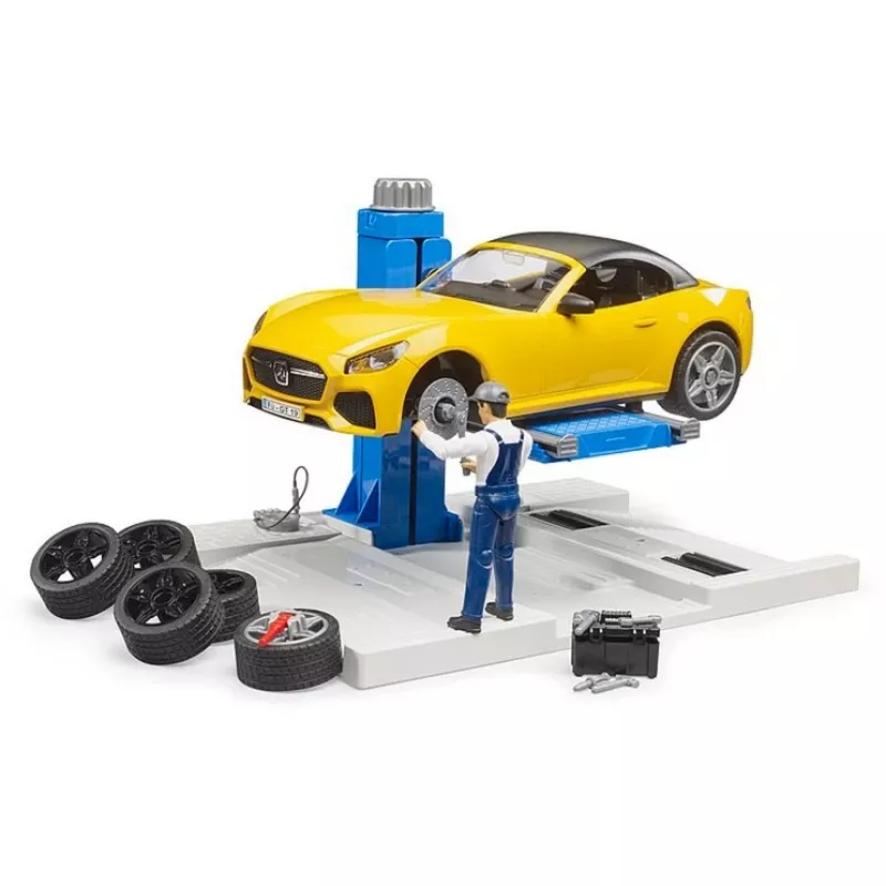 BRUDER autoteeninduskeskus bworld 62112 roadsteriga mängukomplekt, lisafiguurid ja töökoja elemendid
