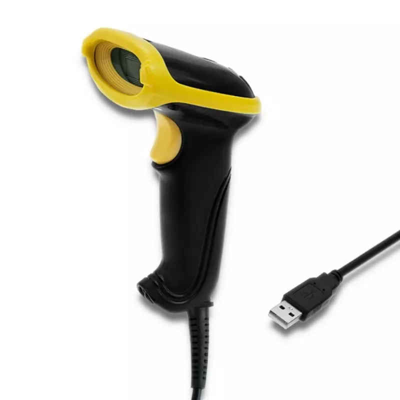 Pihukoodilugeja QOLTEC 50867 — 1D/2D laserskanner, USB-juhtmega, 600 mm lugemisulatus, kollane/must
