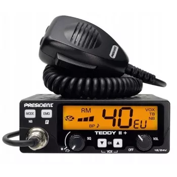 CB-raadio President Teddy II+ — 40 kanalit, 4 W TX, 12/24 V, mürasummuti, 125×125×45 mm