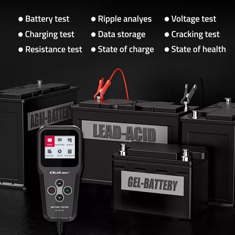Qoltec 52489 Digitaalne aku analüsaator tester 3-in-1 LCD-ekraani ja mitmekeelse liidesega 6V | 12V | 24V | 30Ah-200Ah