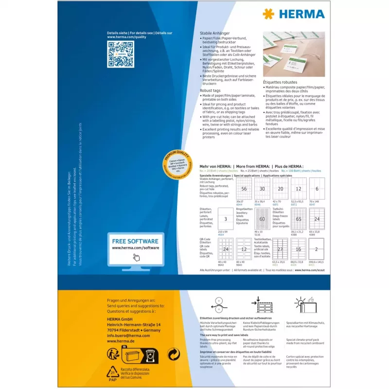 Töökindlad sildid HERMA A4 52,5x93,5 mm valge paber ilma liimita 1200 tk