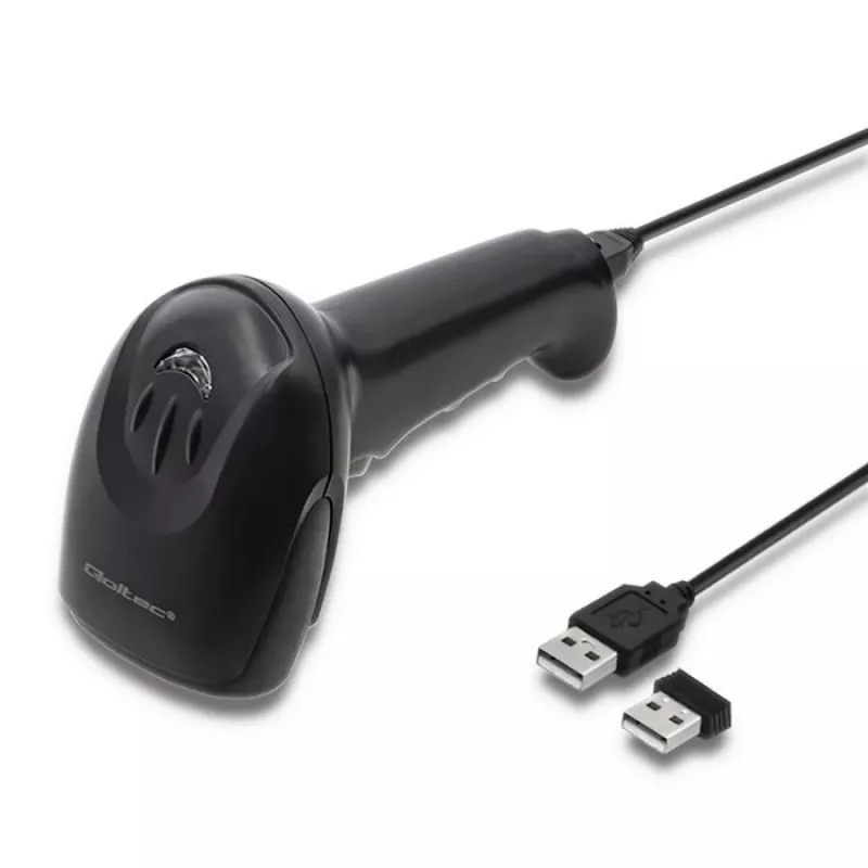 Pihustatav vöötkoodilugeja QOLTEC 50868 — 1D/2D laserskanner, USB-juhtmega ja juhtmevaba, töökaugus 600 mm, must