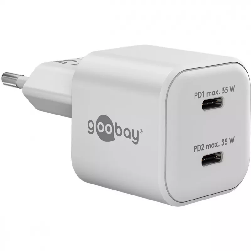 USB-C Dual-Fast Charger Nano, PD, GaN, 35 Watt (valge, 2x USB-C, Power Delivery 3.0)