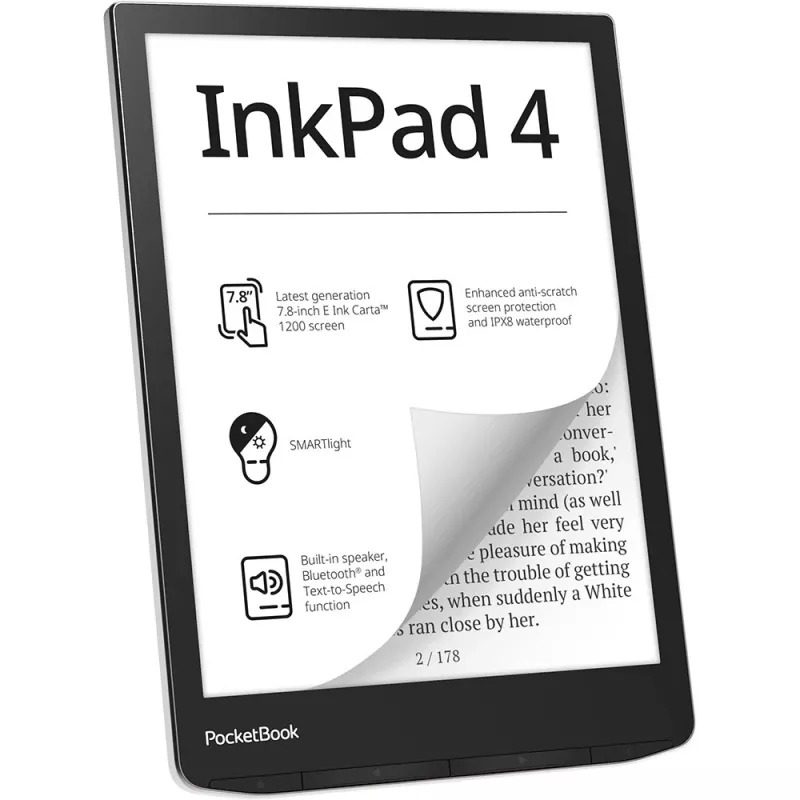 PocketBook InkPad 4 - 19,8 cm (7,8) - E Ink Carta - 1404 x 1872 pikslit - ACSM - AZW - AZW3 - CBR - CBZ - CHM - DOC - DOCX - DjVu - EPUB - EPUB DRM - FB2 - FB2.ZIP - HTM - HTML - MOB