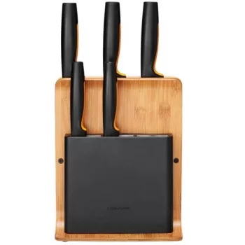 Pilu noablokk Fiskars 1057552 — puidust ristkülikukujuline noaplokk 5 piluga, roostevaba teras, max noa pikkus 21,3 cm