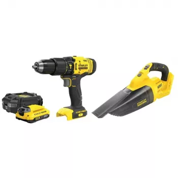 Juhtmeta tööriistakomplekt STANLEY SFMCK219D1-QW — 18 V (20 V nimipinge) Li‑Ion, 2 Ah aku, DCD709 puur/kruvikeeraja, 6-osaline komplekt koos laadija, kohvri ja LED-valgustiga