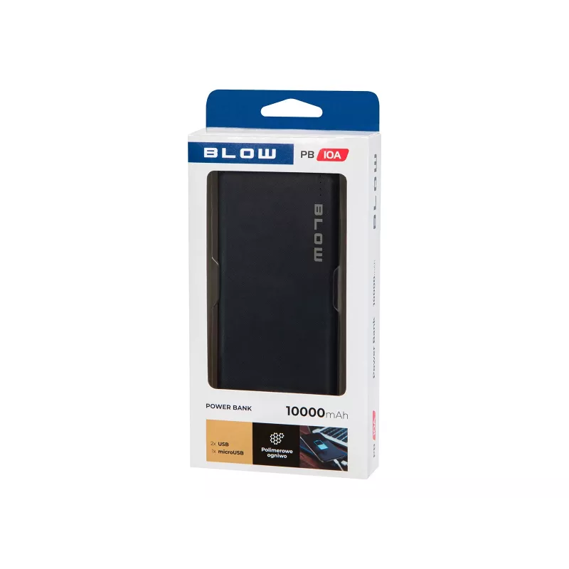 Kaasaskantav akupank BLOW PB10A 10000mAh polümeerakuga, 2x USB-A väljundit, 22,5W koguvõimsus, Micro‑USB sisend, must
