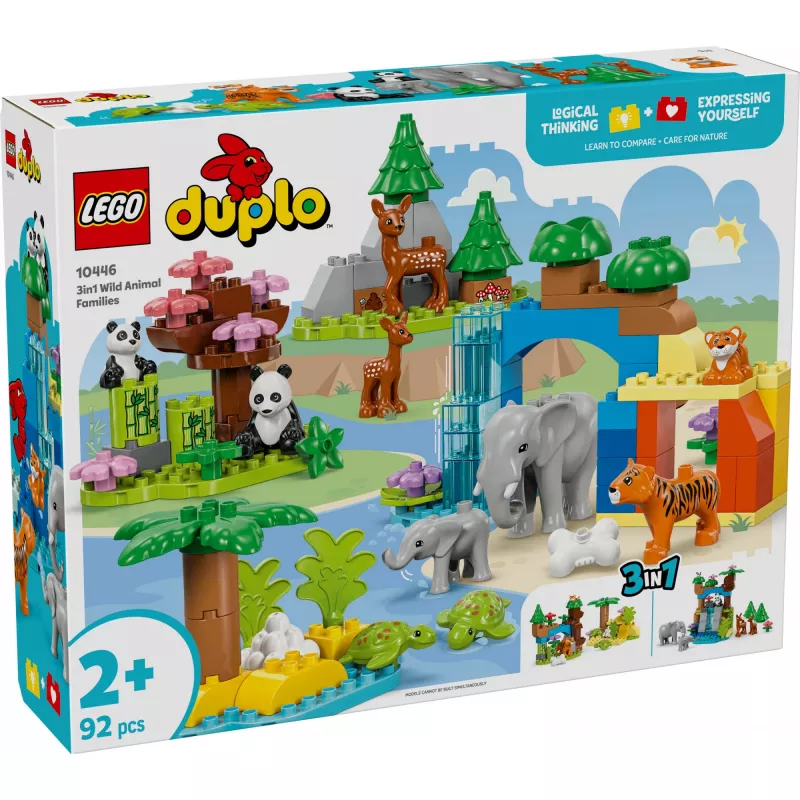 Mänguasjakomplekt LEGO DUPLO Town Wild Animal Families 3-in-1 10446 — 92 osa, alates 2. eluaastast, 200×220×340 mm