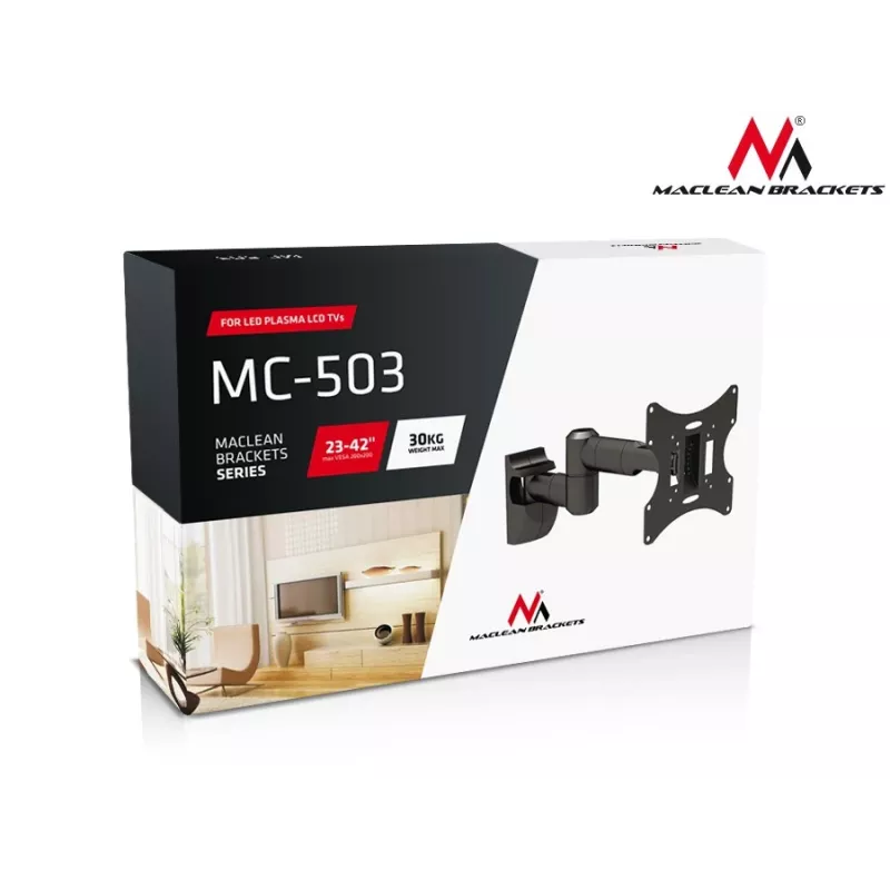 Seinakinnitus MACLEAN MC-503A S ekraanidele 23 tolli kuni 42 tolli, kallutatav ±20°, VESA 75×75–200×200, 30 kg, hõbedane