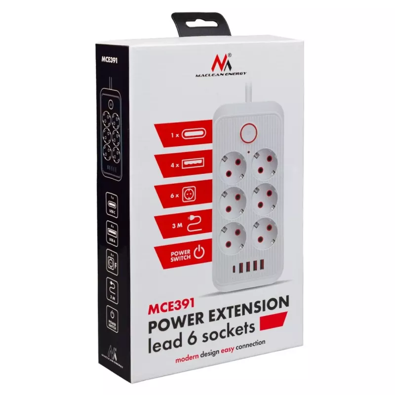 Pikendusjuhe MACLEAN MCE391 B – 6 pistikupesa, 4×USB-A + 1×USB-C, 110–240V, 2500W, 3 m kaabel, must