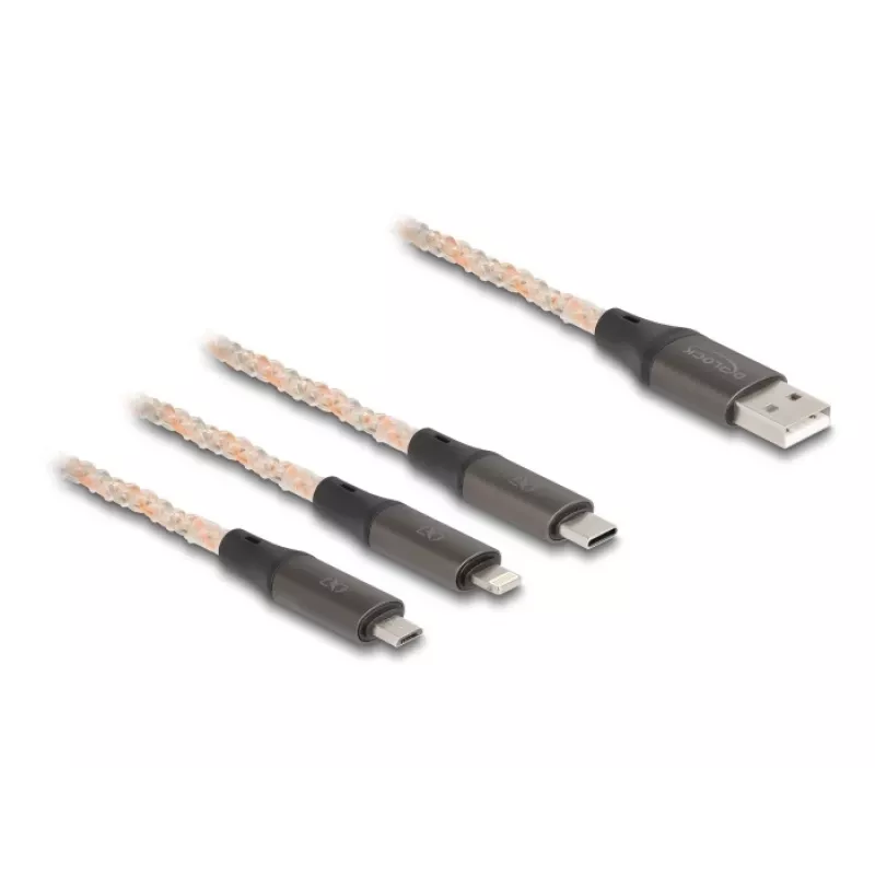 DeLOCK USB-kaabel 1,2 m USB 2.0 USB A USB C/Micro-USB B/Lightning läbipaistev