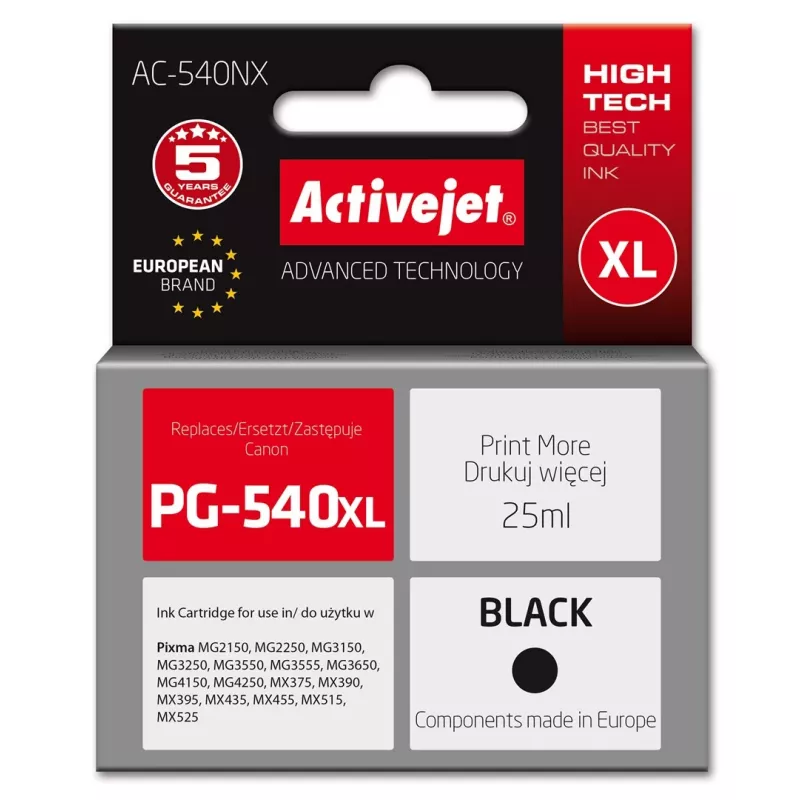 Activejet AC-540NX tint Canon printerile (asendus Canon PG-540XL) Supreme, 25 ml, must