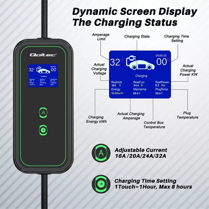 Qoltec mobiilne elektriauto laadija reguleeritav 2in1 Type2 | 7kW | 230V | CEE 3-pistik | Wi-Fi | LCD | kaasaskantav | seinakarp | 5m