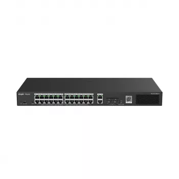 Hallatav kommutaator RUIJIE RG-ES228GS-P — 26x Gigabit RJ-45, 24x PoE porti, 370W PoE eelarve, 2x SFP, metallist riiulipaigaldus