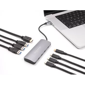 USB-C jaotur DELOCK 64323 — USB 3.2 Gen 2 USB-C host, HDMI + 2× USB-A + 2× USB-C, 10 Gbit/s, hall